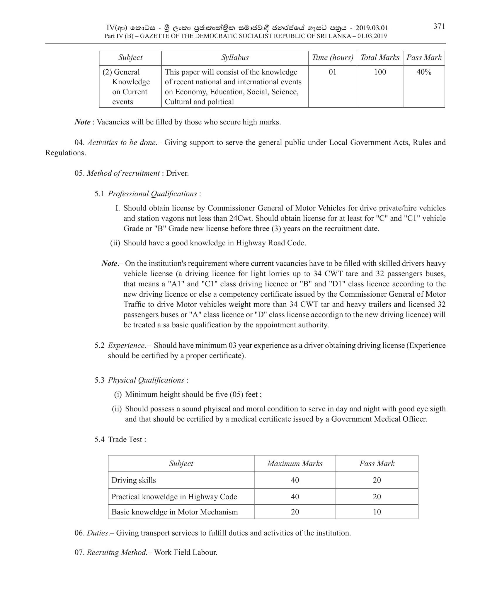 Work Field Supervisor, Driver, Work Field Labor - Palindanuwara Pradeshiya Sabha 